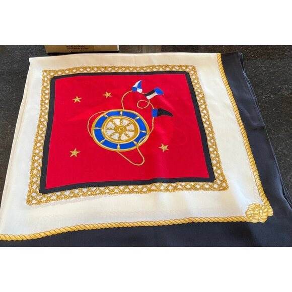 Vtg Liz Claiborne Scarf Multi-Color "Nautical Squares" With Gold Cord" Silk Silk - Picture 9 of 9